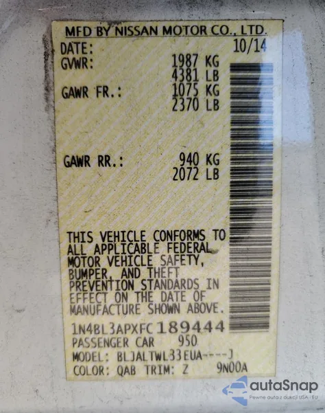 2015 Nissan Altima 3.5S z USA, uszkodzony, nr VIN 1N4BL3APXFC189444